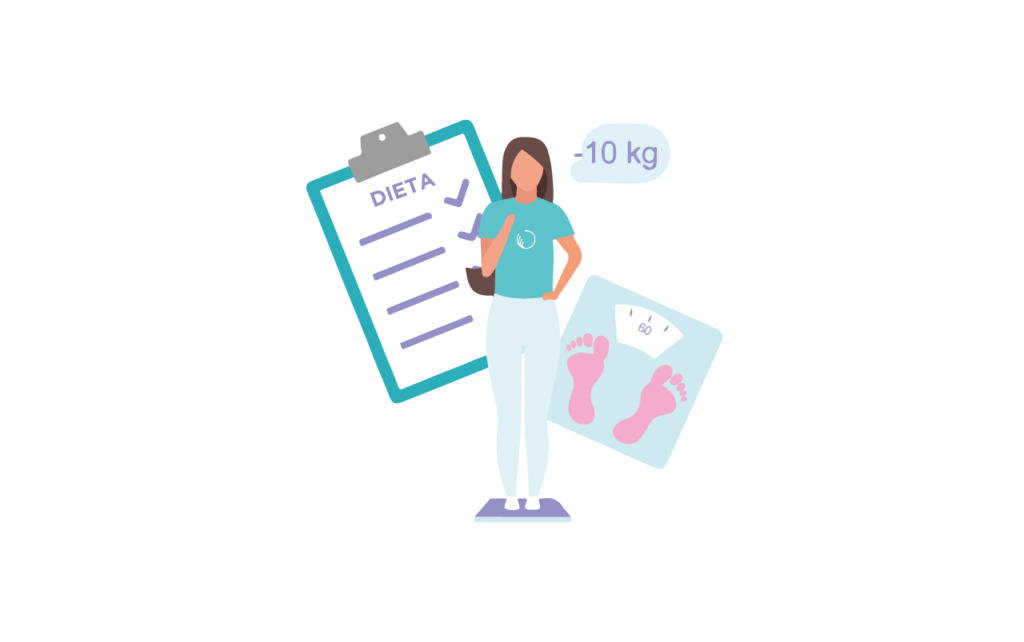 Chica con dieta y báscula para perder peso tras la Navidad