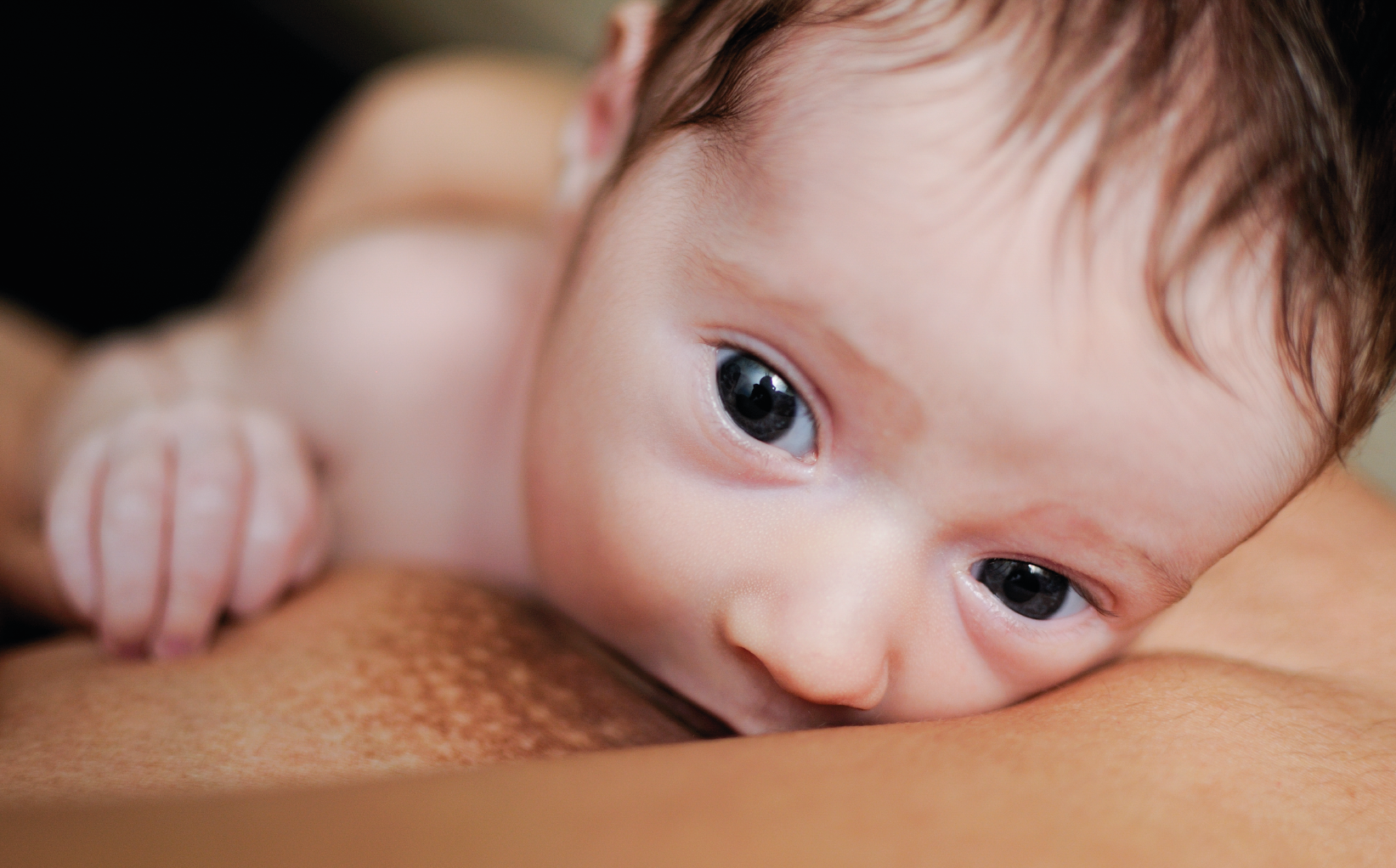 bebe agarrado al pecho de la madre en postura biologica